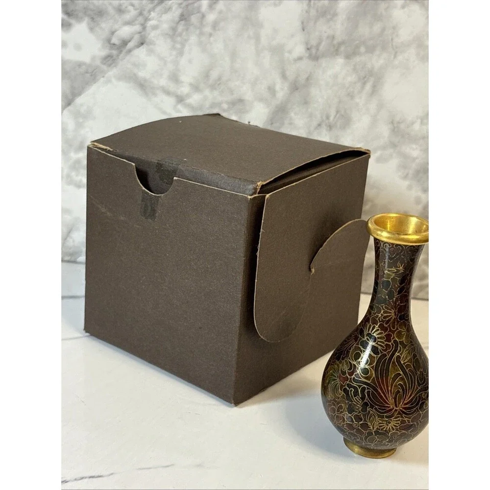 Cloisonné vase brown, burgundy, black floral 4